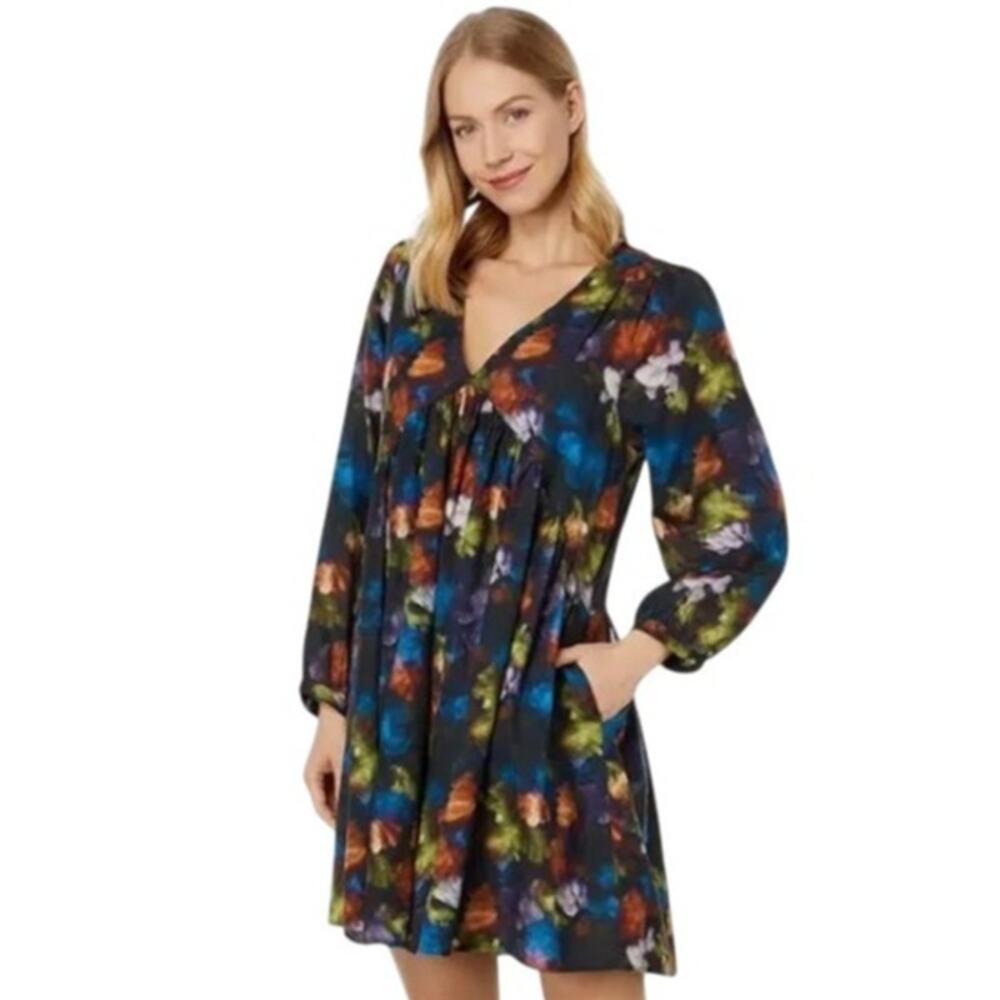 Lilla P Black V Neck Floral A Line Bracelet Sleeve Dress